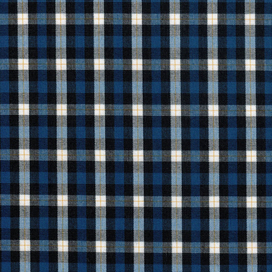 Tela 13002273 Dacron SchoolLine, tela a cuadros azul, negro y blanco, ideal para uniformes escolares e institucionales.