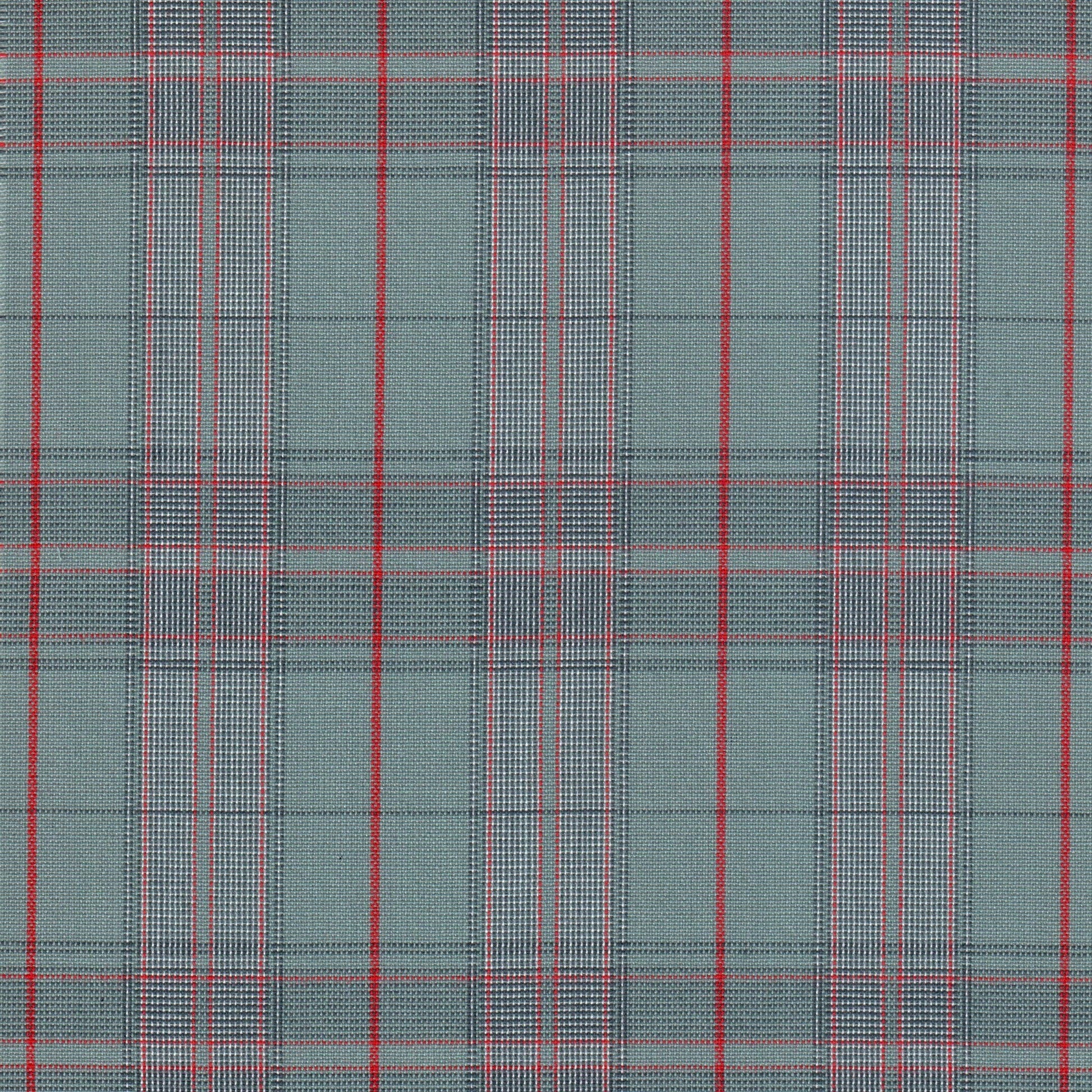 Tela poliéster SchoolLine 13002281 Dacron con tartán gris verdoso y rayas rojas, ideal para uniformes escolares e institucionales.