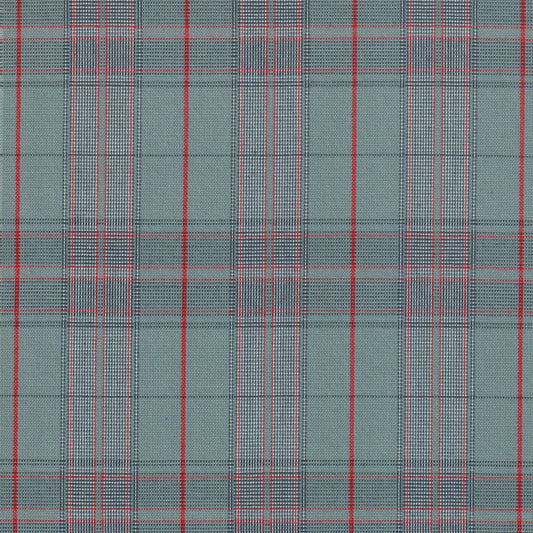 Tela poliéster SchoolLine 13002281 Dacron con tartán gris verdoso y rayas rojas, ideal para uniformes escolares e institucionales.