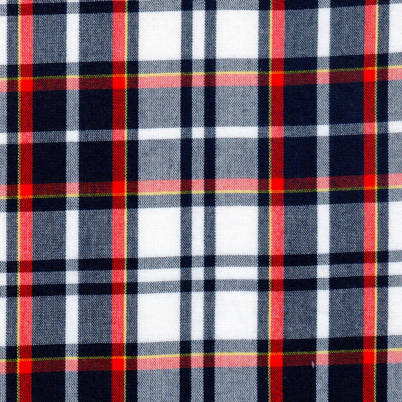 Tela SchoolLine Dacron para uniformes escolares e institucionales: cuadros azul marino, blanco y rojo con líneas amarillas.