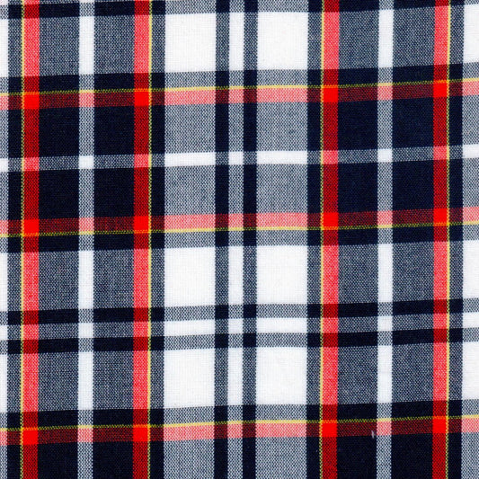 Tela SchoolLine Dacron para uniformes escolares e institucionales: cuadros azul marino, blanco y rojo con líneas amarillas.