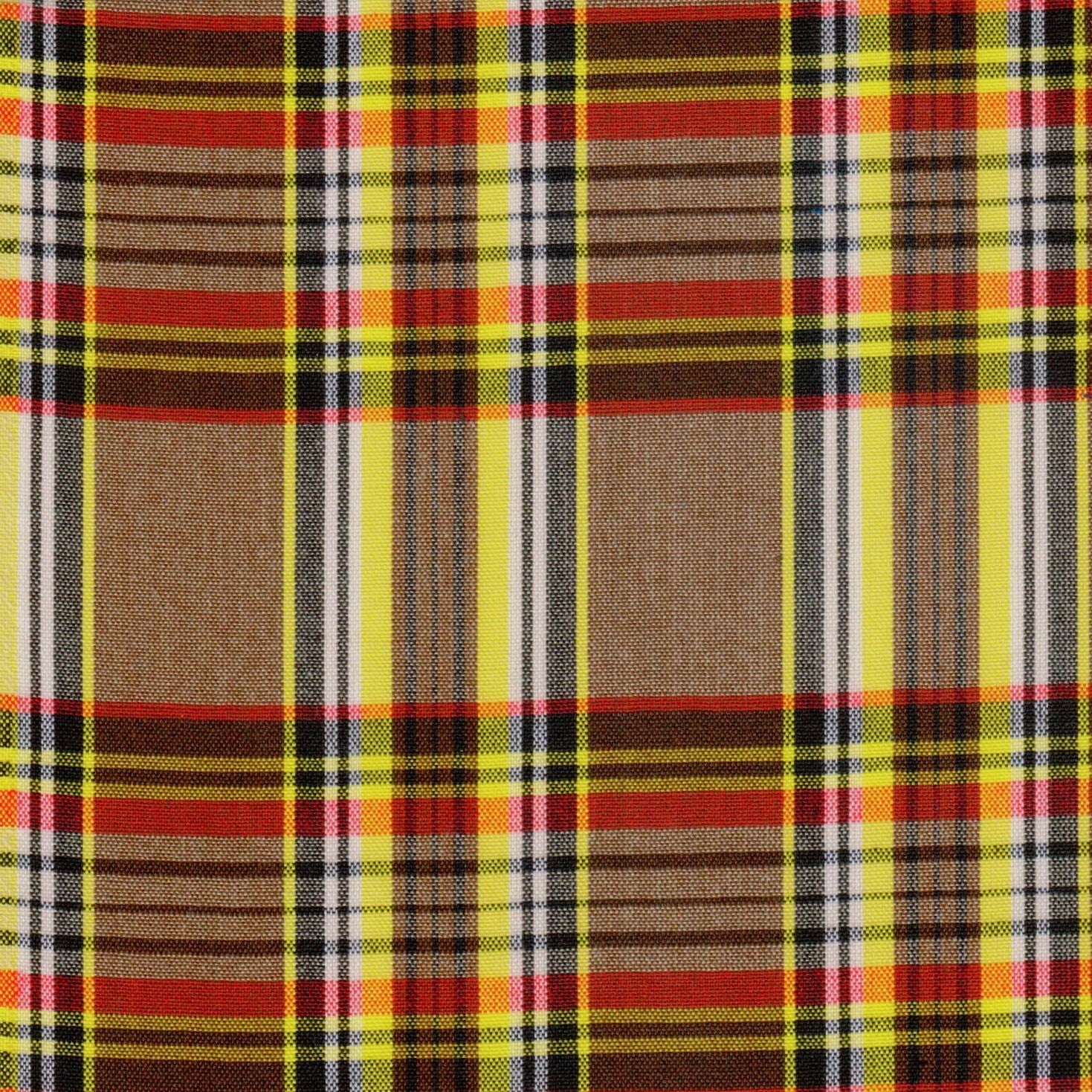 Tela 13002290 Dacron SchoolLine, tartán a cuadros en amarillo, rojo y marrón; ideal para uniformes escolares e institucionales.