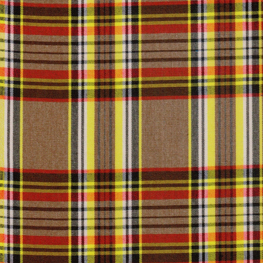 Tela 13002290 Dacron SchoolLine, tartán a cuadros en amarillo, rojo y marrón; ideal para uniformes escolares e institucionales.