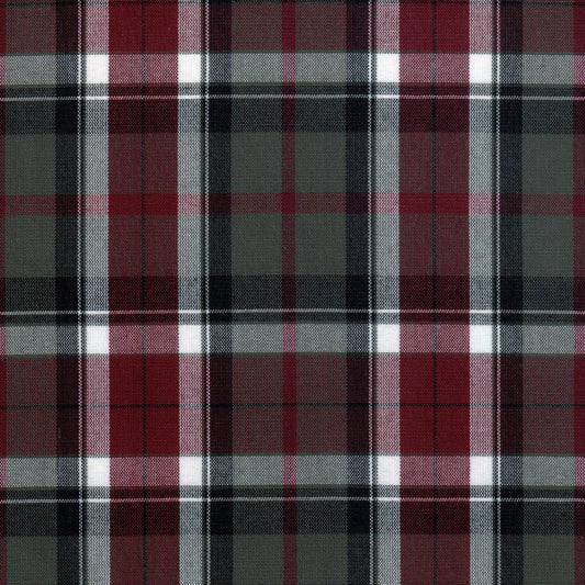 Tela 13002292 Dacron SchoolLine, tartán rojo negro gris con cuadros; tela para uniformes escolares e institucionales.