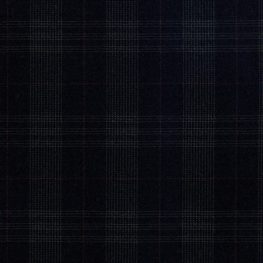 Tela 13002295 Dacron SchoolLine uniforme en azul marino con patrón de cuadros y líneas rojas; ideal para uniformes escolares e institucionales.