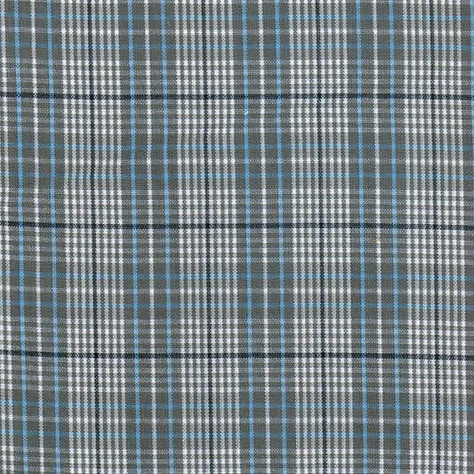 Tela 13002299 Dacron uniforme SchoolLine: tejido tartán gris con líneas blancas/negras y azules para uniformes escolares.