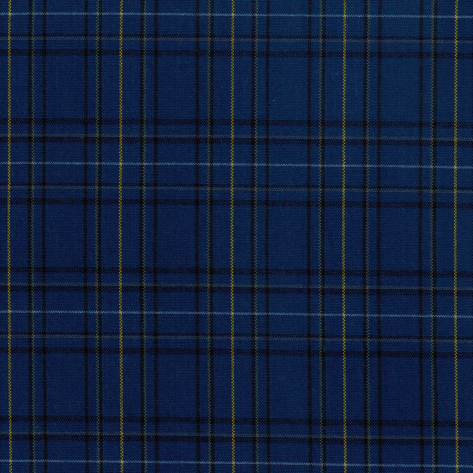 Tela Dacron azul tartán con cuadros y líneas negras y amarillas; ideal para uniformes escolares e institucionales SchoolLine