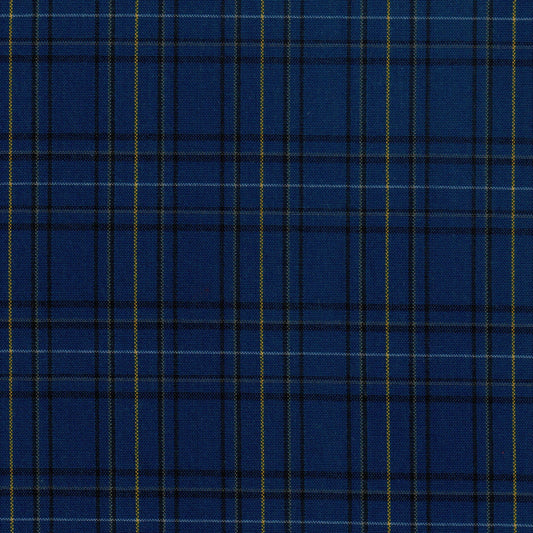 Tela Dacron azul tartán con cuadros y líneas negras y amarillas; ideal para uniformes escolares e institucionales SchoolLine