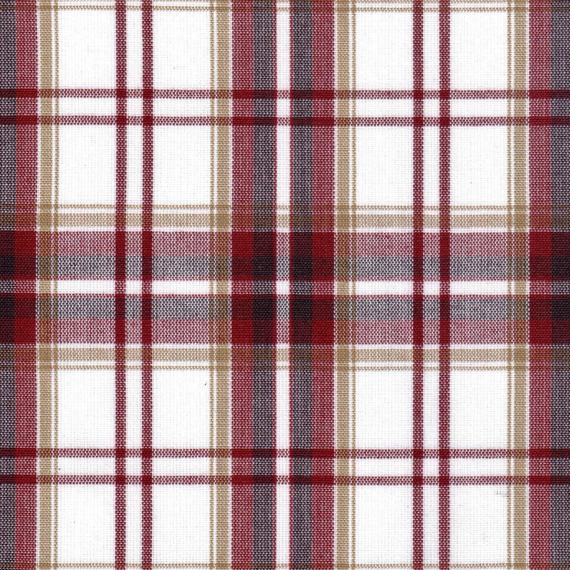 Tela Dacron SchoolLine, tela a cuadros rojos, beige y gris con líneas blancas; ideal para uniformes escolares e institucionales.