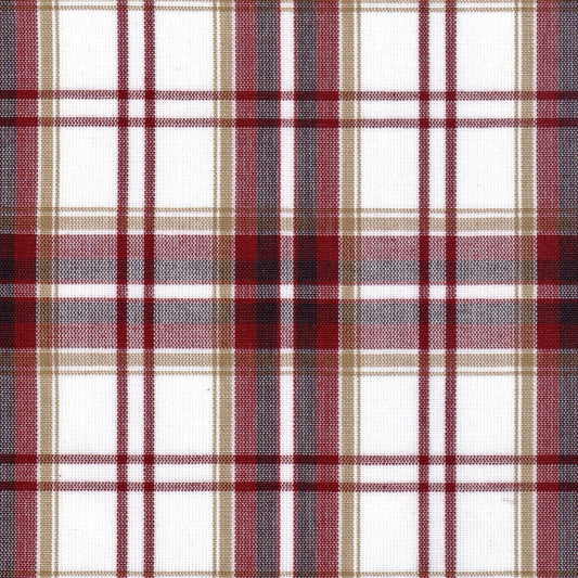 Tela Dacron SchoolLine, tela a cuadros rojos, beige y gris con líneas blancas; ideal para uniformes escolares e institucionales.