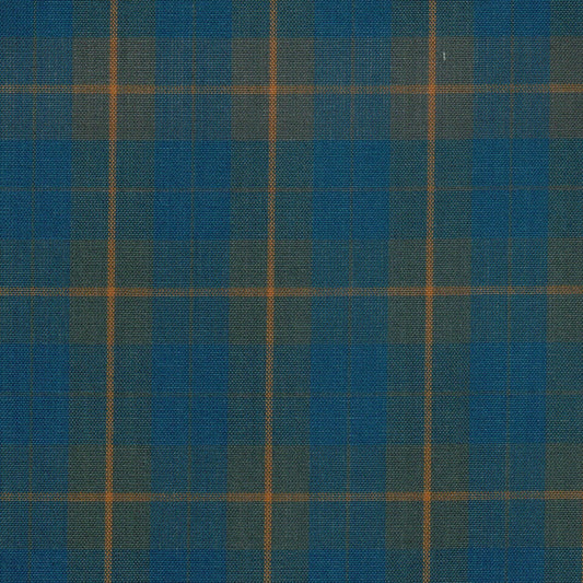 Tela azul con líneas naranjas en diseño a cuadros; ideal para uniformes escolares e institucionales, de SchoolLine.