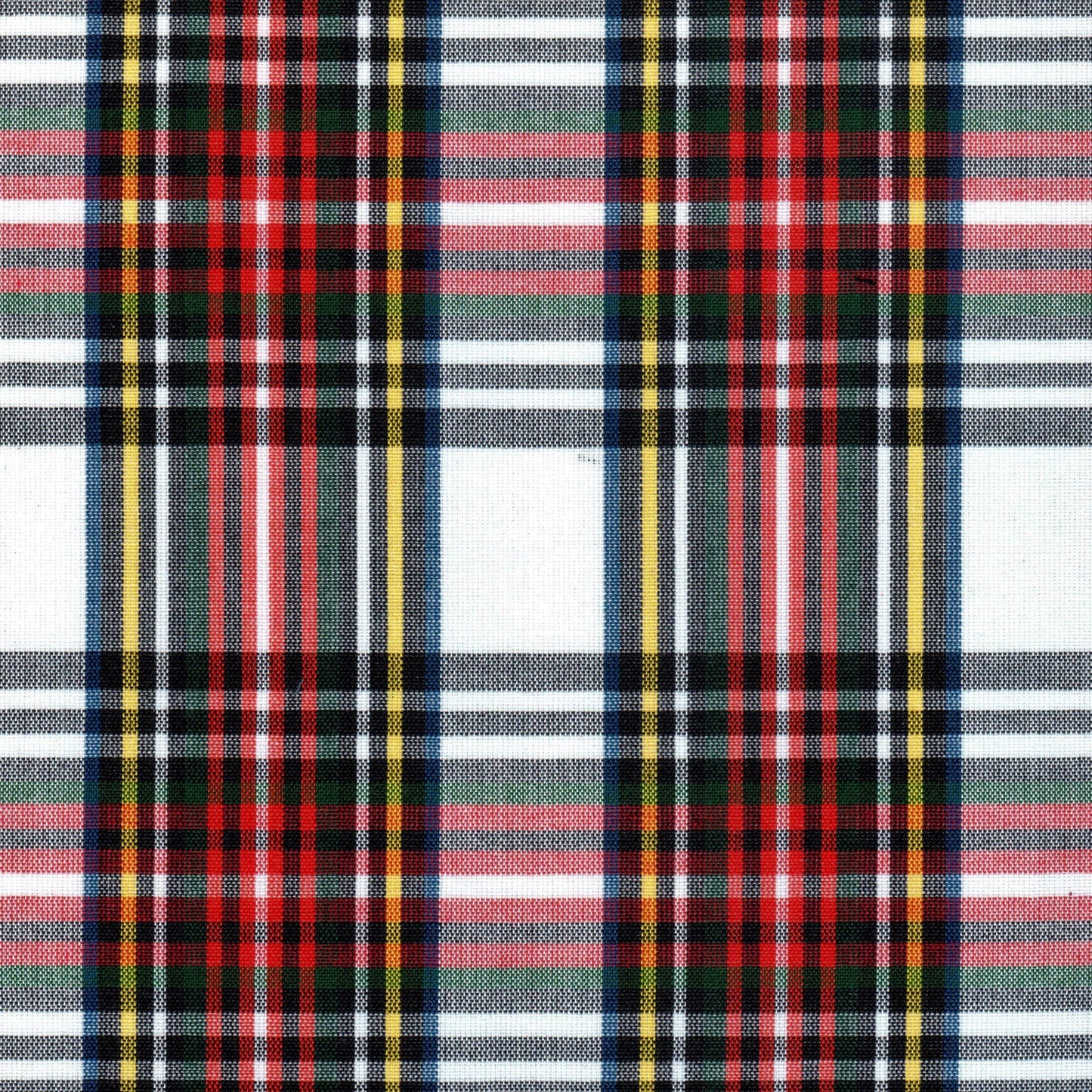 Tela 13002315 Dacron SchoolLine en tartán rojo-verde-azul con líneas negras/blancas; ideal para uniformes escolares.