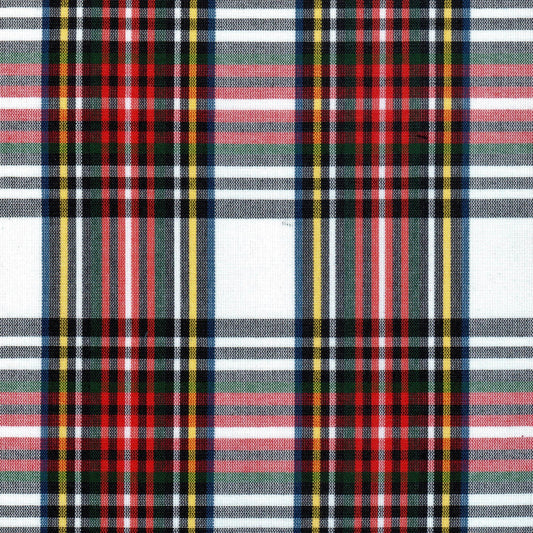 Tela 13002315 Dacron SchoolLine en tartán rojo-verde-azul con líneas negras/blancas; ideal para uniformes escolares.