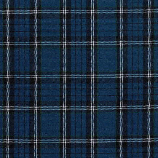 Tela 13002320 Dacron uniforme de SchoolLine; tejido azul oscuro, negro y blanco con diseño tartán para uniformes escolares.