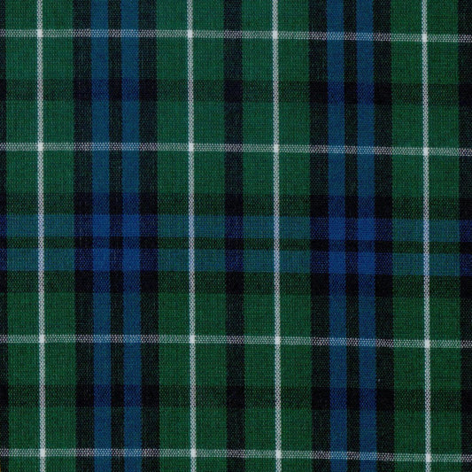 Tela de poliéster SchoolLine 13002322, tartán verde y azul con líneas blancas, ideal para uniformes escolares e institucionales.
