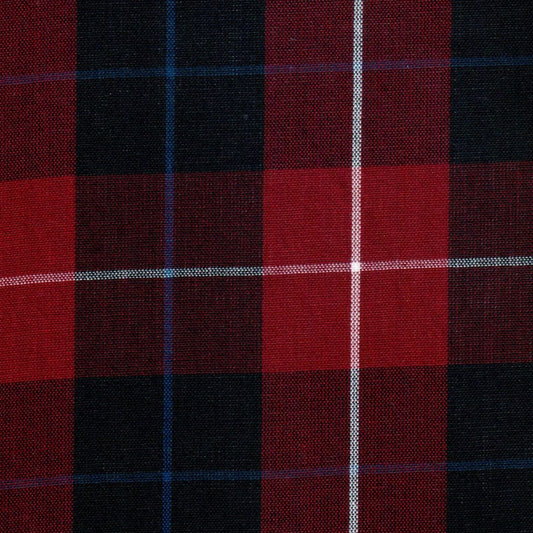 Tela 13002330 Dacron SchoolLine: poliéster rojo/negro a cuadros con líneas blancas, ideal para uniformes escolares e institucionales.