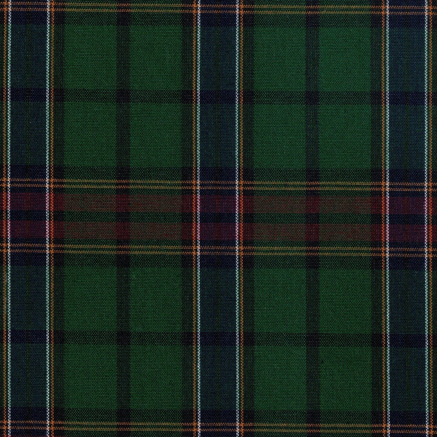 Tela Dacron 13002332 SchoolLine, tartán verde con franjas azul y naranja; ideal para uniformes escolares e institucionales.