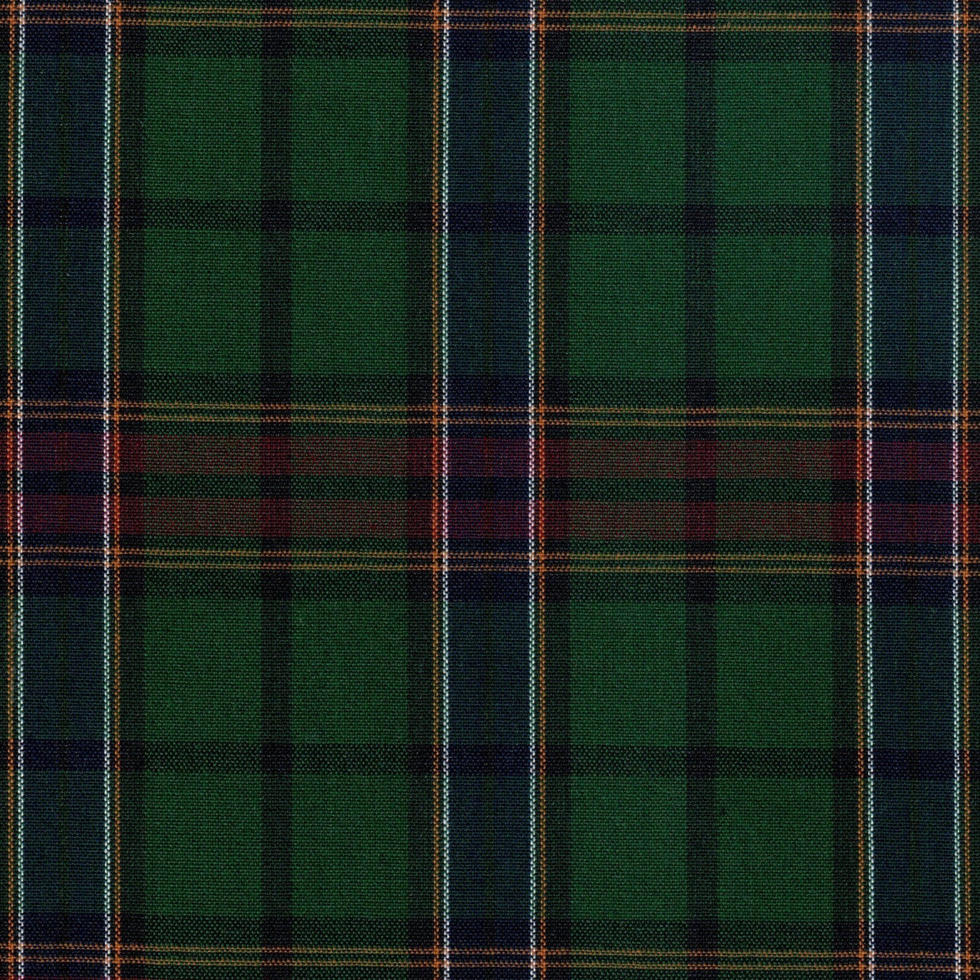 Tela Dacron 13002332 SchoolLine, tartán verde con franjas azul y naranja; ideal para uniformes escolares e institucionales.