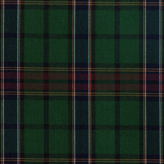 Tela Dacron 13002332 SchoolLine, tartán verde con franjas azul y naranja; ideal para uniformes escolares e institucionales.