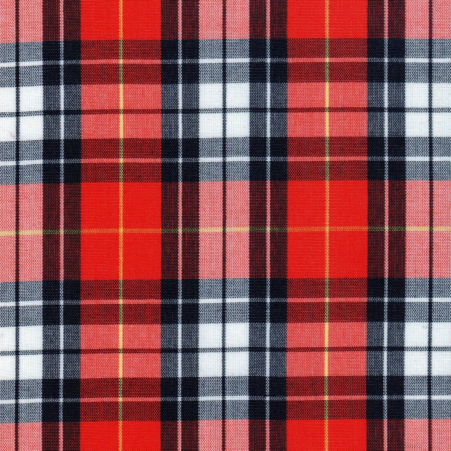 Tela SchoolLine Dacron uniforme en tartán rojo, negro y blanco con líneas amarillas; ideal para uniformes escolares.