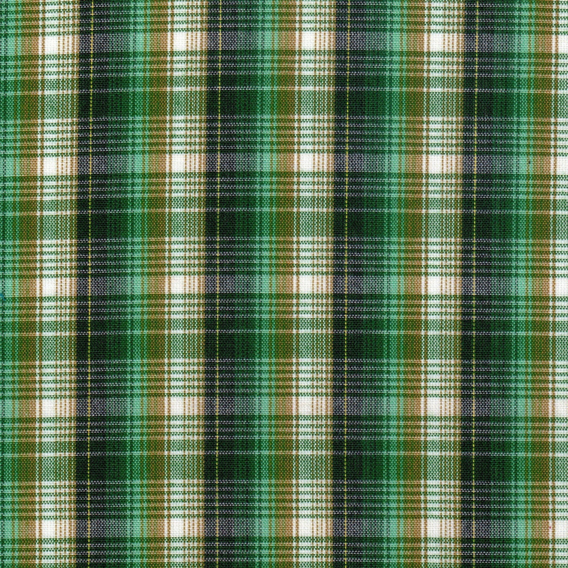 Tela Dacron SchoolLine en tartán verde, marrón y blanco; perfecta para uniformes escolares e institucionales.