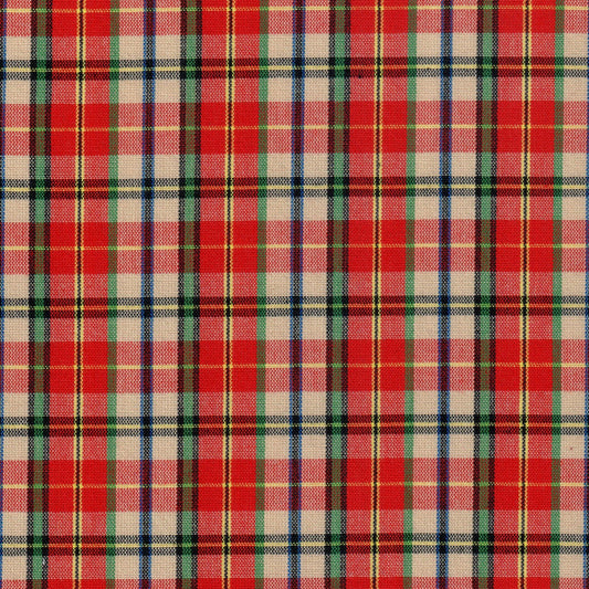 Tela tartán roja/beige con cuadros verde/azul, tejido Dacron; ideal para uniformes escolares e institucionales (SchoolLine).