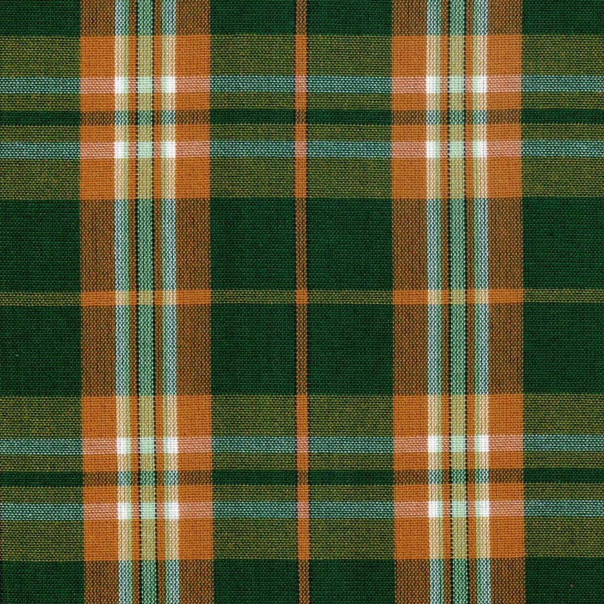 Tela SchoolLine 13002342 Dacron tartán verde, naranja y blanco para uniformes escolares e institucionales.