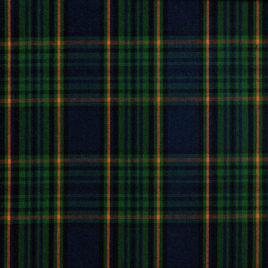 Tela Dacron SchoolLine: poliéster resistente en diseño tartán azul marino con líneas verde y naranja para uniformes.