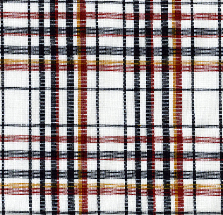 Tela SchoolLine 13002348 Dacron; tejido a cuadros blanco con líneas negras, rojas y doradas, ideal para uniformes escolares.