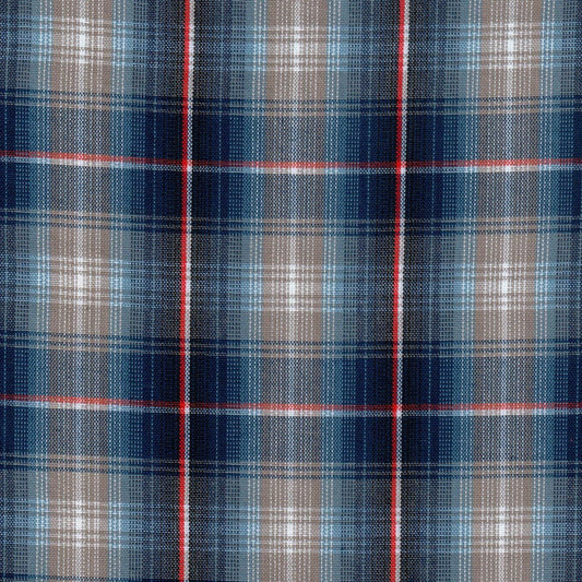 Tela tartán azul con cuadros beige y líneas rojas, Dacron, para uniformes escolares e institucionales de SchoolLine.