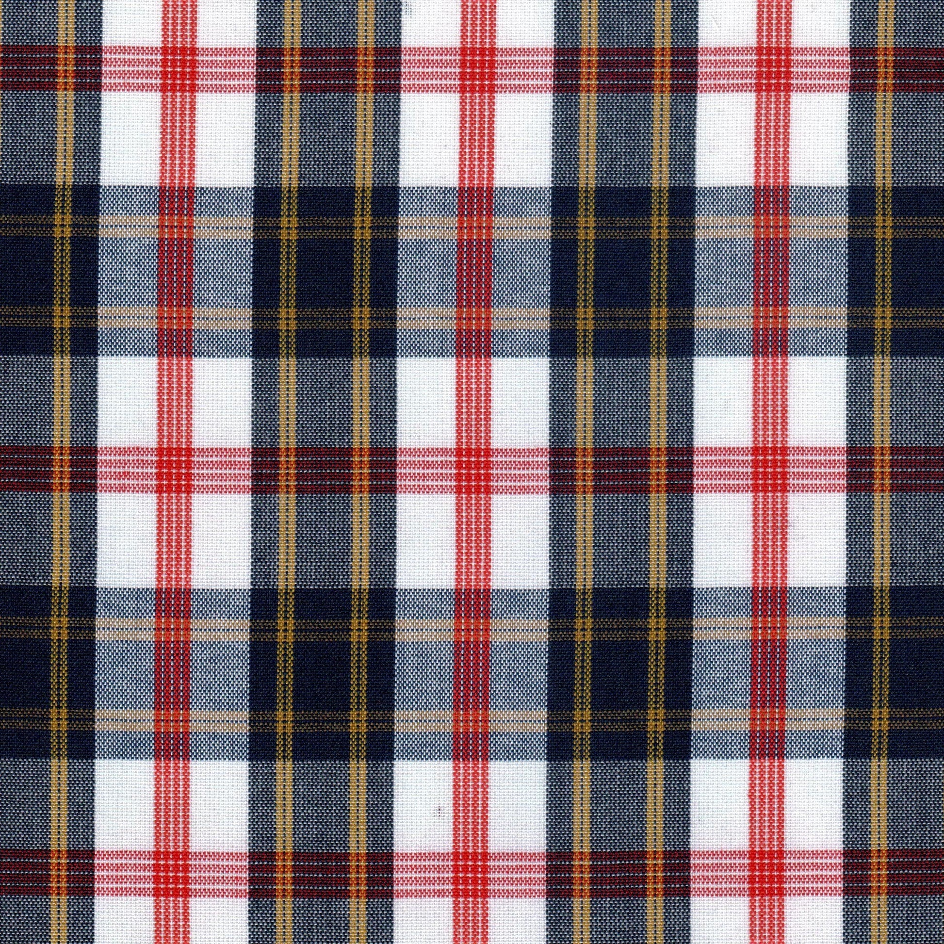 Tela Dacron SchoolLine a cuadros azul marino, rojo y blanco con líneas amarillas, ideal para uniformes escolares e institucionales.