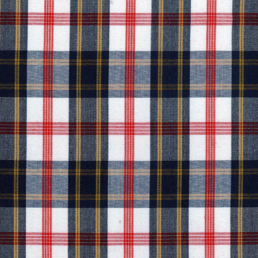 Tela Dacron SchoolLine a cuadros azul marino, rojo y blanco con líneas amarillas, ideal para uniformes escolares e institucionales.