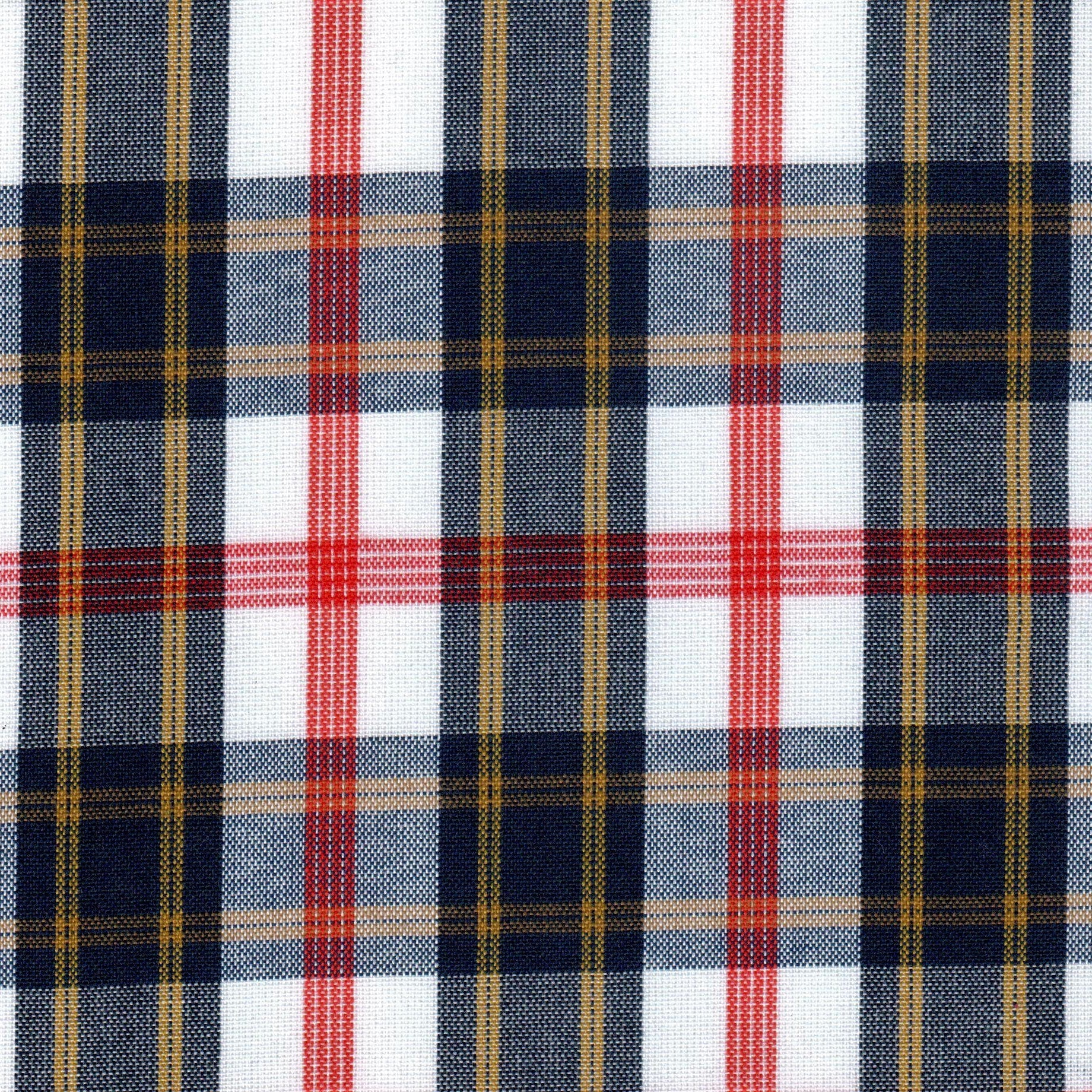 Tela Dacron para uniformes SchoolLine, patrón tartán azul marino, blanco y rojo con líneas doradas