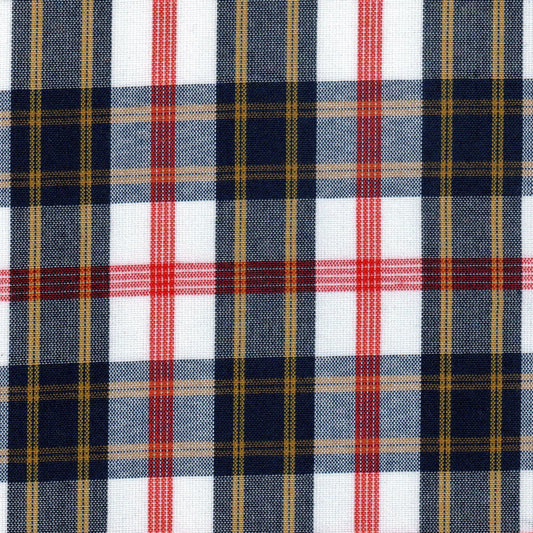 Tela Dacron para uniformes SchoolLine, patrón tartán azul marino, blanco y rojo con líneas doradas