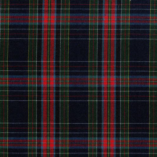 Tela 13002372 Dacron SchoolLine; tartán azul marino con cuadros rojos, verdes y amarillos, ideal para uniformes escolares e institucionales.