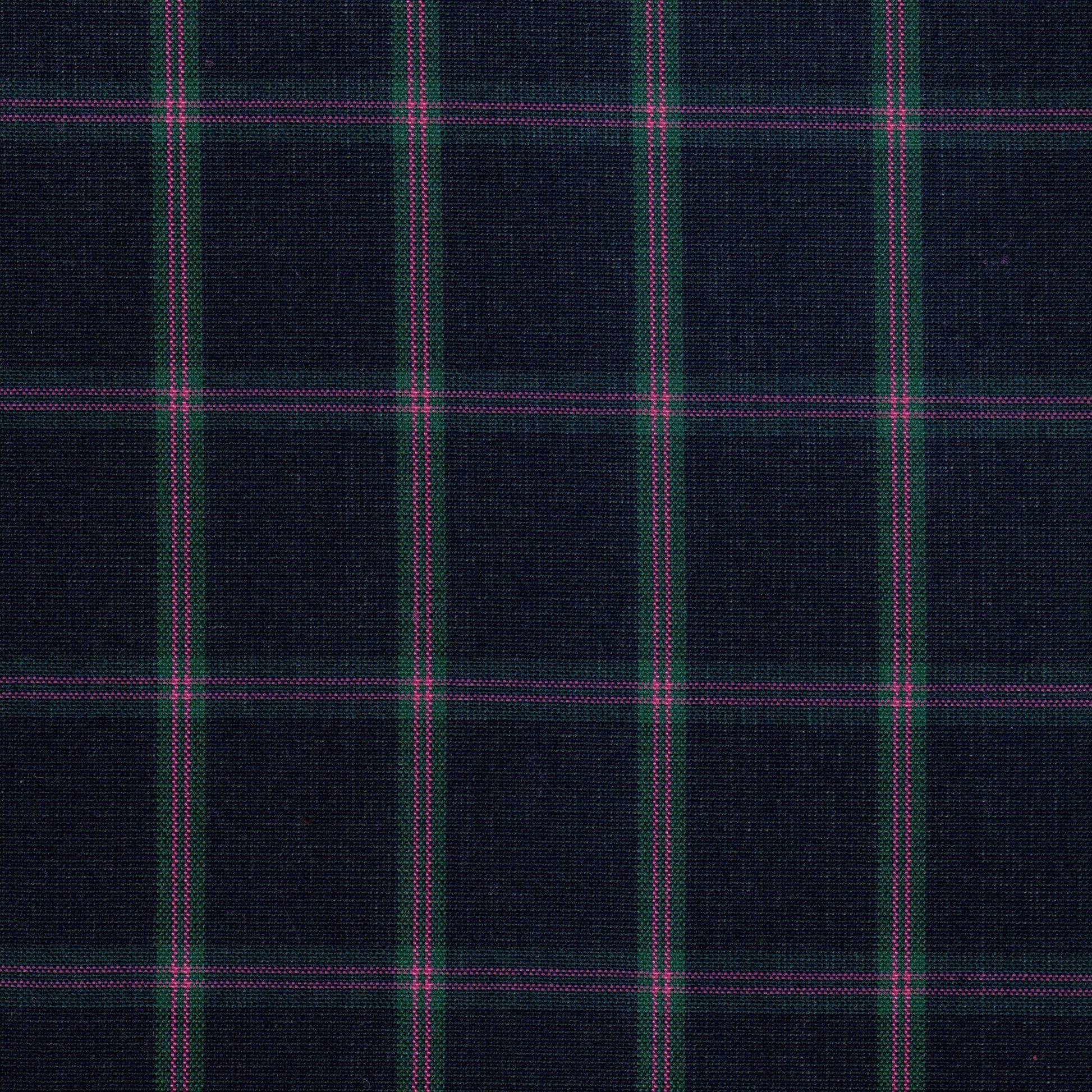 Tela SchoolLine 13002374 Dacron con patrón tartán navy, rayas verdes y magenta, ideal para uniformes escolares e institucionales.