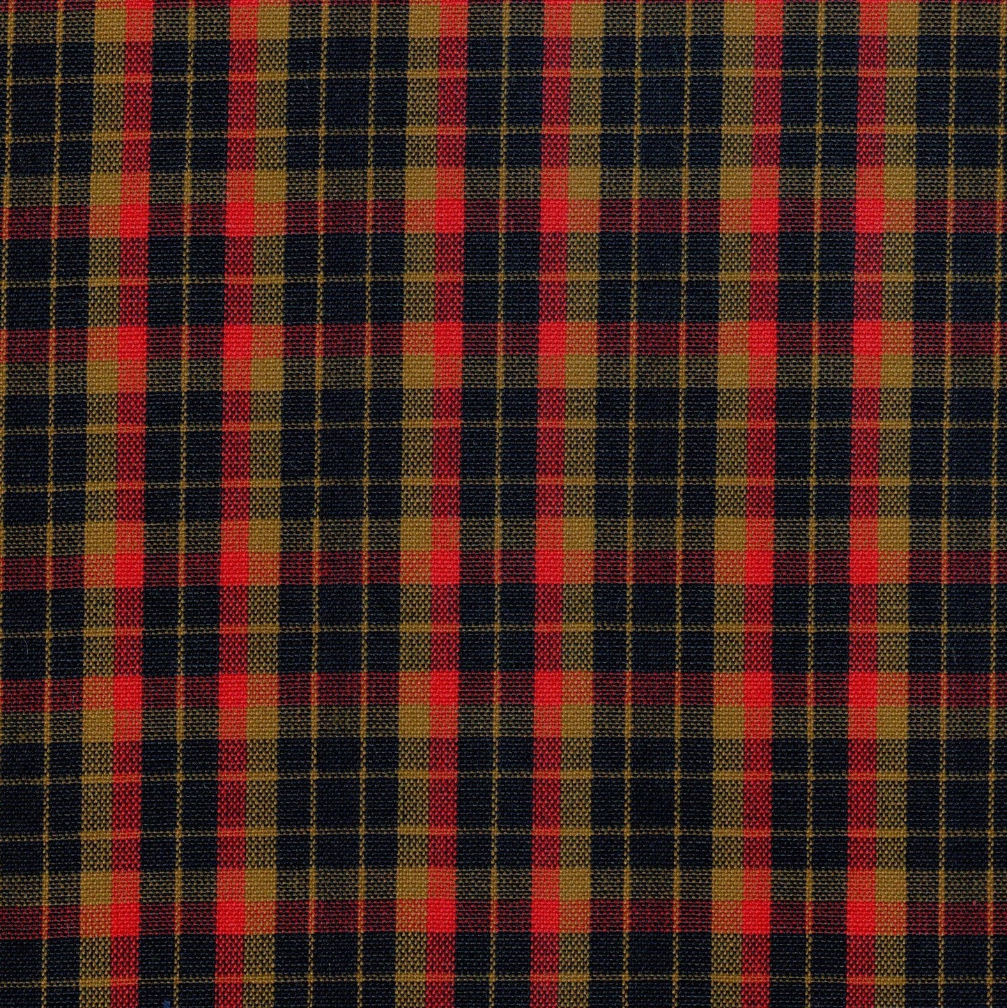 Tela tartán con cuadros negro, rojo y dorado; Dacron SchoolLine para uniformes escolares e institucionales.