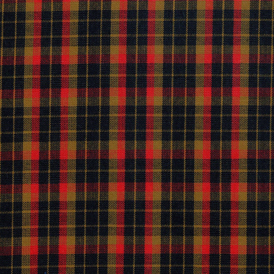 Tela tartán con cuadros negro, rojo y dorado; Dacron SchoolLine para uniformes escolares e institucionales.