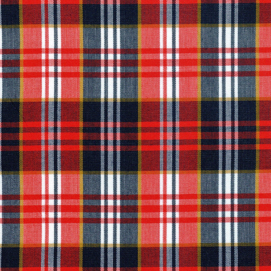 Tela Dacron SchoolLine para uniformes; plaid rojo, azul marino y toques amarillos, ideal para uniformes escolares.