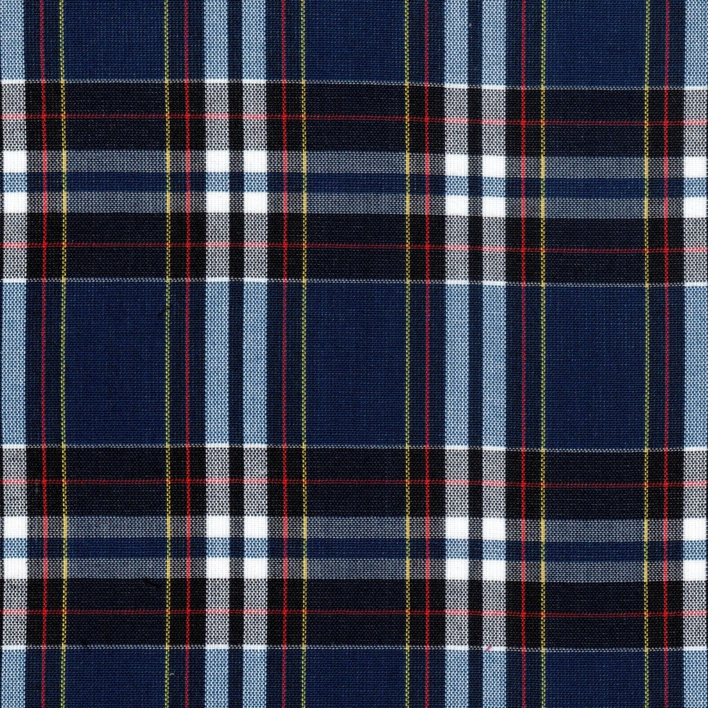Tela Dacron SchoolLine: tela escolar azul con diseño tartán plaid, cuadros blancos/negros con líneas rojas y amarillas.