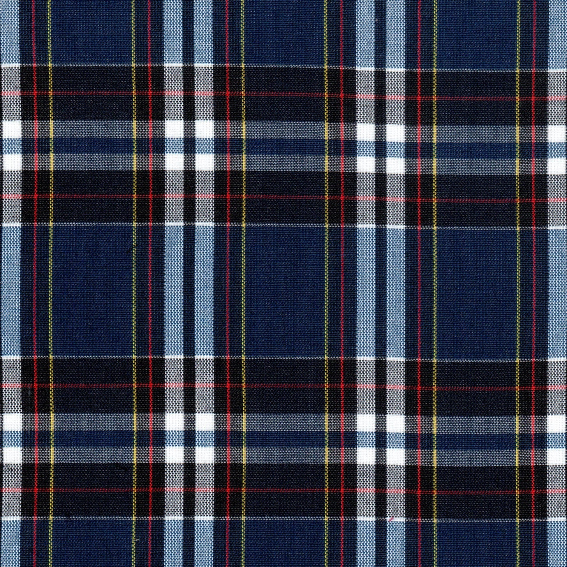 Tela Dacron SchoolLine: tela escolar azul con diseño tartán plaid, cuadros blancos/negros con líneas rojas y amarillas.