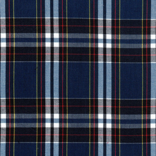 Tela Dacron SchoolLine: tela escolar azul con diseño tartán plaid, cuadros blancos/negros con líneas rojas y amarillas.