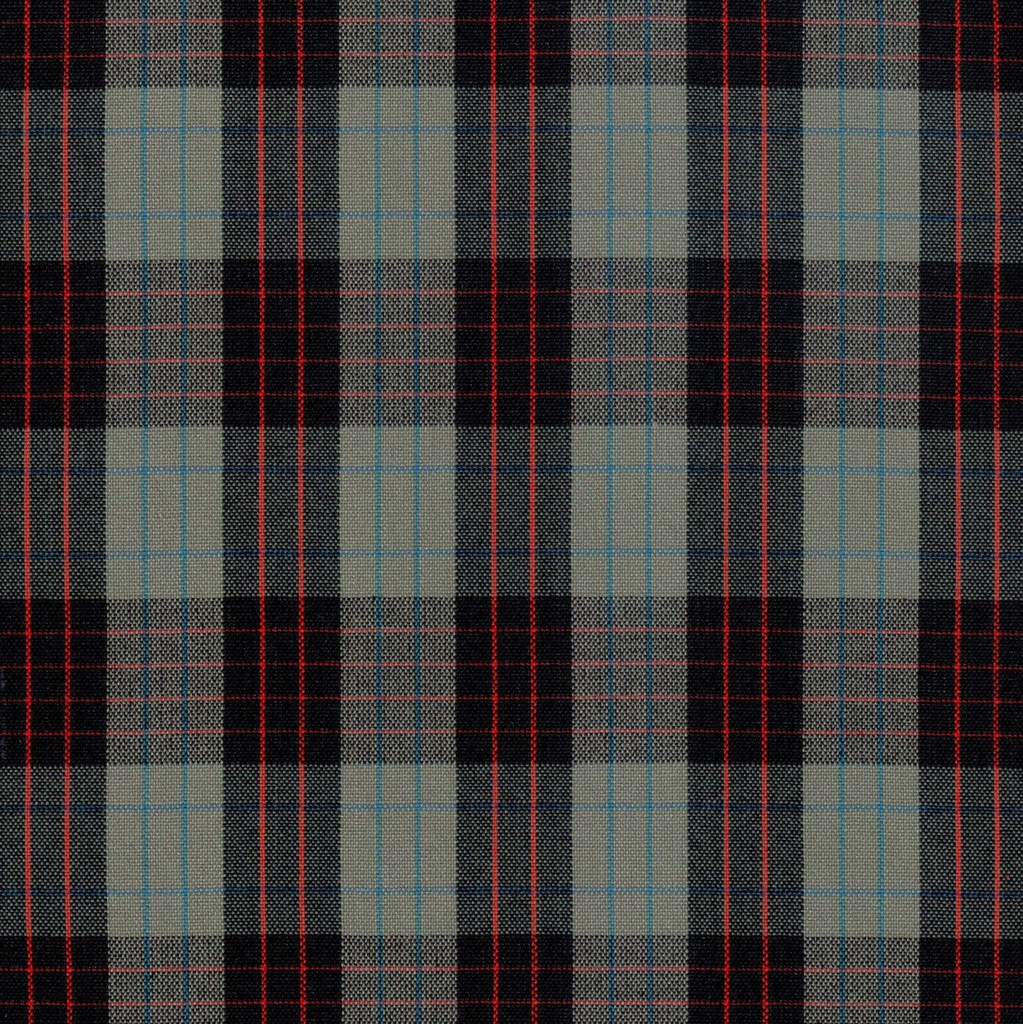 Tela SchoolLine Dacron para uniformes; tela de cuadros tartán beige/gris con líneas rojas y azules.