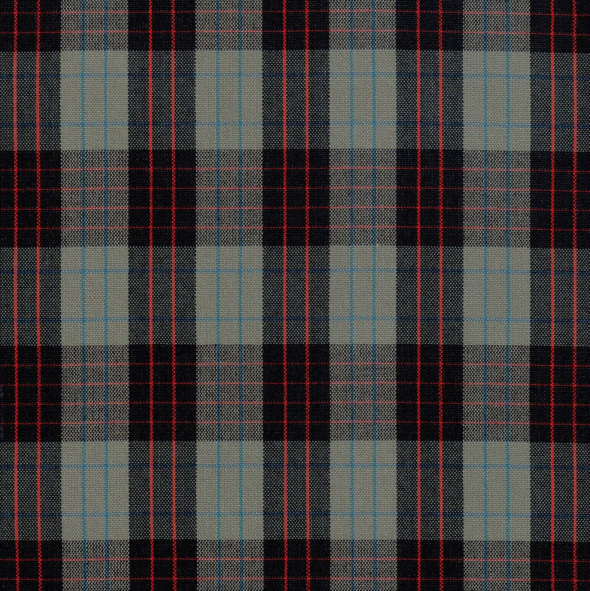 Tela SchoolLine Dacron para uniformes; tela de cuadros tartán beige/gris con líneas rojas y azules.