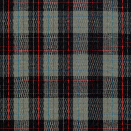 Tela SchoolLine Dacron para uniformes; tela de cuadros tartán beige/gris con líneas rojas y azules.
