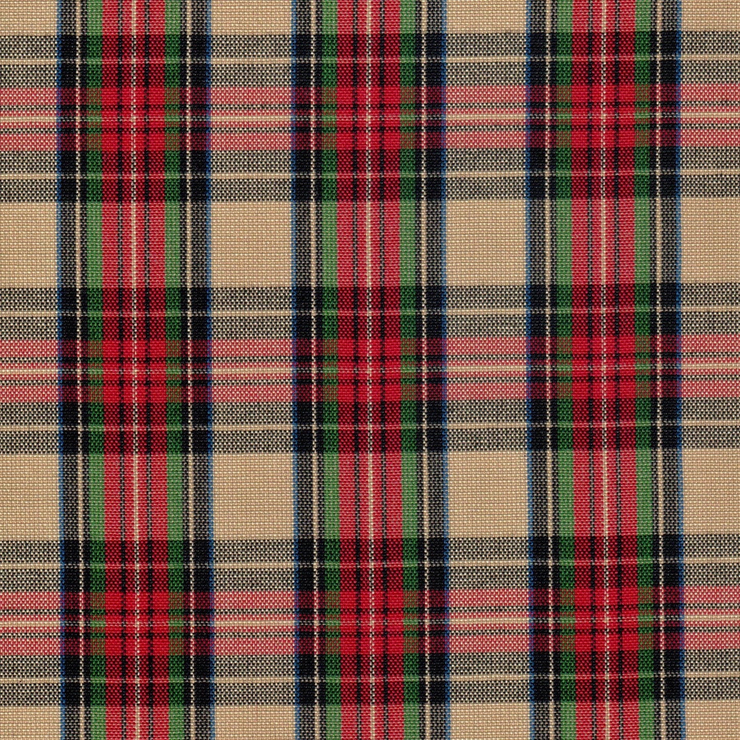 Tela Dacron SchoolLine para uniformes escolares e institucionales; tejido tartán beige con rojo, verde y azul.