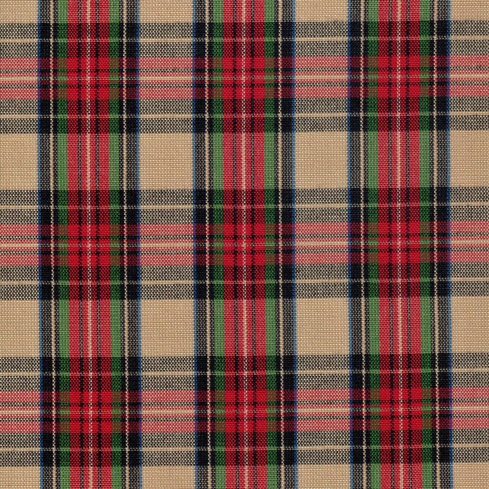 Tela Dacron SchoolLine para uniformes escolares e institucionales; tejido tartán beige con rojo, verde y azul.