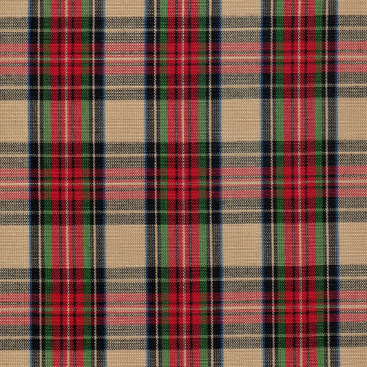 Tela Dacron SchoolLine para uniformes escolares e institucionales; tejido tartán beige con rojo, verde y azul.