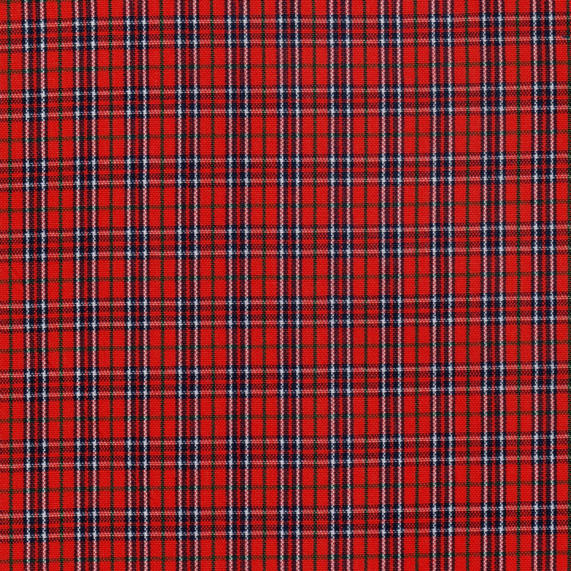 Tela de poliéster Dacron SchoolLine en tartán rojo con cuadros negros y blancos, ideal para uniformes escolares e institucionales.