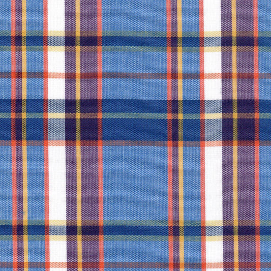 Tela Dacron SchoolLine 13002399: tejido a cuadros azul, blanco, naranja y amarillo para uniformes escolares.